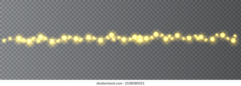 Festive Christmas light. Lightbulb glowing garland string. Xmas, New Year party led lamps, Christmas decoration. Winter holiday season golden chain of fairy light. Vector design element.