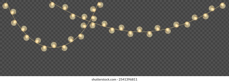 Festive Christmas light. Lightbulb glowing garland string. Xmas, New Year party led lamps, Christmas decoration. Winter holiday season golden chain of fairy light. Vector design element.