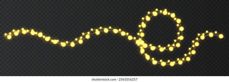 Festive Christmas light. Lightbulb glowing garland string. Xmas, New Year party led lamps, Christmas decoration. Winter holiday season golden chain of fairy light. Vector design element.