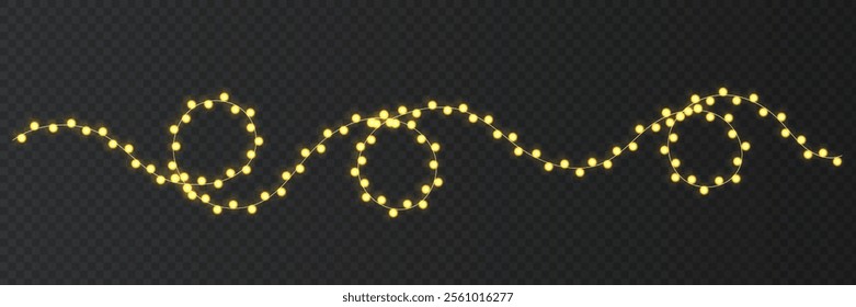 Festive Christmas light. Lightbulb glowing garland string. Xmas, New Year party led lamps, Christmas decoration. Winter holiday season golden chain of fairy light. Vector design element.