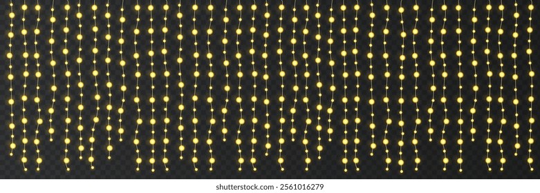 Festive Christmas light. Lightbulb glowing garland string. Xmas, New Year party led lamps, Christmas decoration. Winter holiday season golden chain of fairy light. Vector design element.