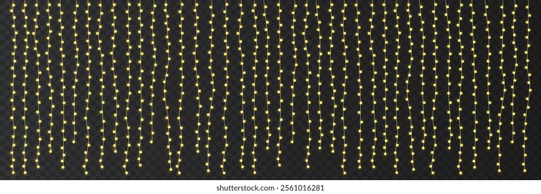 Festive Christmas light. Lightbulb glowing garland string. Xmas, New Year party led lamps, Christmas decoration. Winter holiday season golden chain of fairy light. Vector design element.