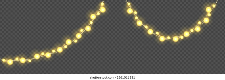 Festive Christmas light. Lightbulb glowing garland string. Xmas, New Year party led lamps, Christmas decoration. Winter holiday season golden chain of fairy light. Vector design element.