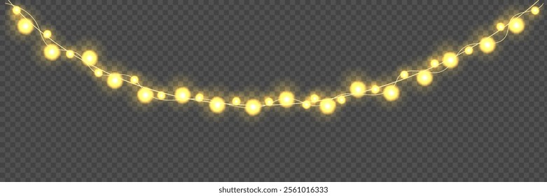 Festive Christmas light. Lightbulb glowing garland string. Xmas, New Year party led lamps, Christmas decoration. Winter holiday season golden chain of fairy light. Vector design element.