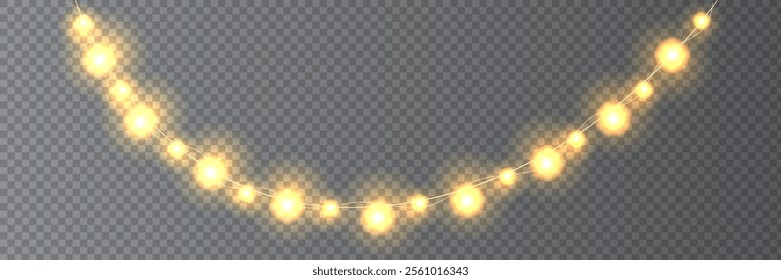 Festive Christmas light. Lightbulb glowing garland string. Xmas, New Year party led lamps, Christmas decoration. Winter holiday season golden chain of fairy light. Vector design element.