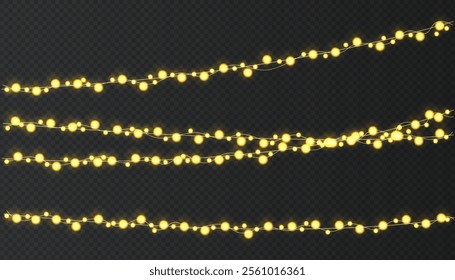 Festive Christmas light. Lightbulb glowing garland string. Xmas, New Year party led lamps, Christmas decoration. Winter holiday season golden chain of fairy light. Vector design element.