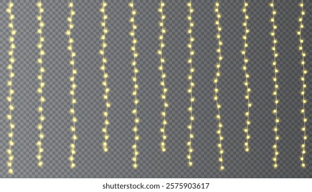 Festive Christmas light. Lightbulb glowing garland string. Xmas, New Year party led lamps, Christmas decoration. Winter holiday season golden chain of fairy light. Vector design element.