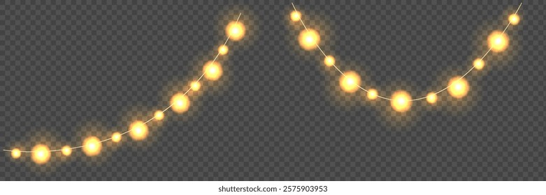 Festive Christmas light. Lightbulb glowing garland string. Xmas, New Year party led lamps, Christmas decoration. Winter holiday season golden chain of fairy light. Vector design element.