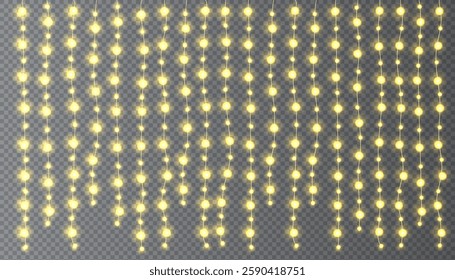 Festive Christmas light. Lightbulb glowing garland string. Xmas, New Year party led lamps, Christmas decoration. Winter holiday season golden chain of fairy light. Vector design element.