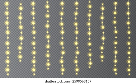 Festive Christmas light. Lightbulb glowing garland string. Xmas, New Year party led lamps, Christmas decoration. Winter holiday season golden chain of fairy light. Vector design element.