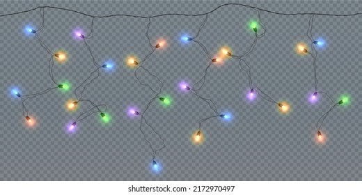 Festive Christmas light multicolored garlands PNG. Decor element for postcards, invitations, backgrounds, business cards. Winter garland new collection 2023.