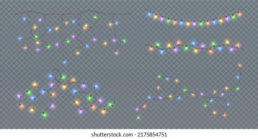 Festive Christmas light multicolored garlands PNG. Decor element for postcards, invitations, backgrounds, business cards. Winter new collection 2023.	
