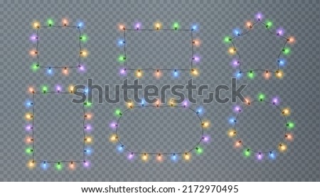 Festive Christmas light multicolored garlands PNG. Decor element for postcards, invitations, backgrounds, business cards. Winter garland new collection 2023.