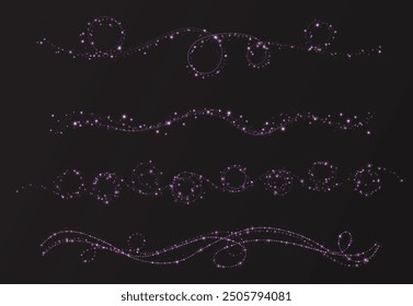 Festive Christmas light pink garlands png. Decor element for postcards, invitations. Light pink Twirl. Curve light effect of pink line. Stock royalty free. Winter new collection 2024.