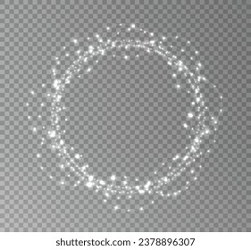 Festive Christmas light white garlands. Vector png. Festive sparkling white dust in a circle. Christmas frame. Sparkling dust dust explosion.	