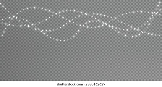  Festive Christmas light white garlands. Vector png. Decor element for postcards, invitations, backgrounds, business cards. Winter new collection 2023-2024.