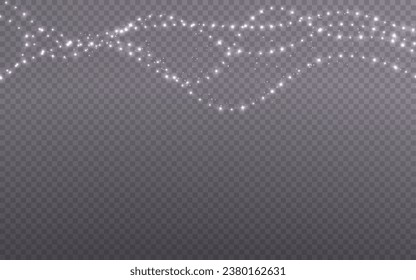  Festive Christmas light white garlands. Vector png. Decor element for postcards, invitations, backgrounds, business cards. Winter new collection 2023-2024.