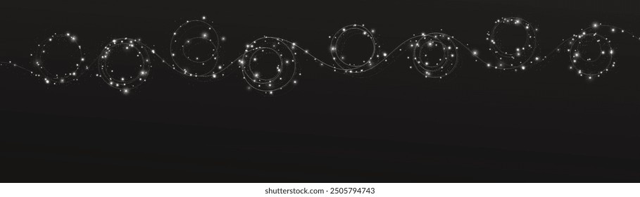 Festive Christmas light white garlands png. Decor element for postcards, invitations. Light white Twirl. Curve light effect of white line. Stock royalty free. Winter new collection 2024.