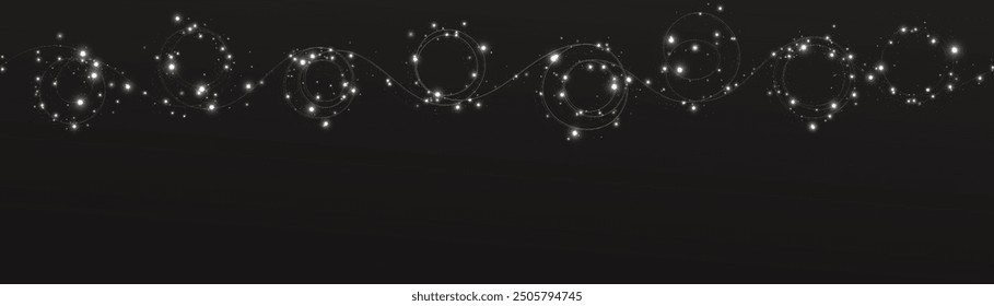 Festive Christmas light white garlands png. Decor element for postcards, invitations. Light white Twirl. Curve light effect of white line. Stock royalty free. Winter new collection 2024.