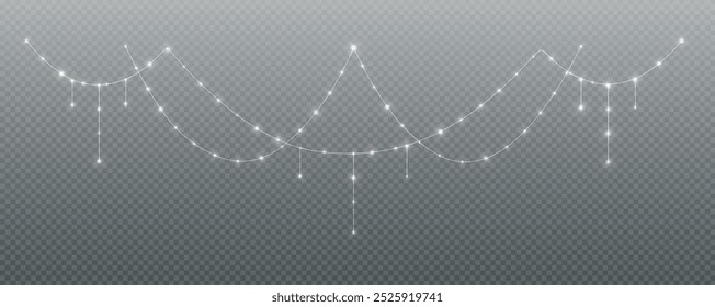 Festive Christmas light white garlands png. Decor element for postcards, invitations, backgrounds transparent, business cards. Stock royalty free. Winter new collection 2024.