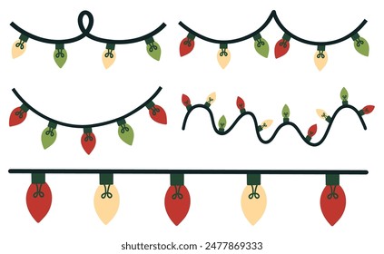 Festive Christmas lights elements set. Decorative string lights, buildable borders and frames. Hand drawn vector illustrations.