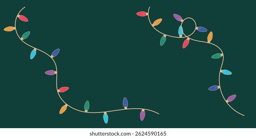 Festive Christmas lights frame with colorful bulbs on a dark green background, perfect for holiday designs and seasonal decorations.