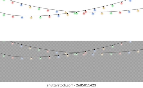 Corda de luzes natalinas festivas com lâmpadas brilhantes multicoloridas isoladas no fundo transparente. Decoração de guirlanda luminosa vetorial para design de férias, cartão de saudação, celebração ou inverno sazonal 