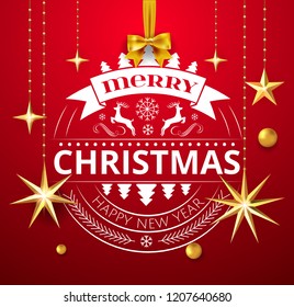 Festive Christmas Luxury Design with Golden Christmas Decorations ball, stars and Merry Christmas and Happy New Year Typography Elements ball ornate in Red Background and bow. Vector Illustration.