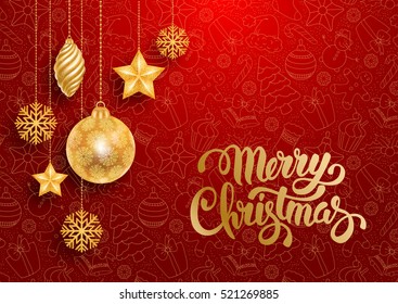 Festive Christmas Luxury Design with Golden Christmas Decorations and Seamless Pattern on Red Background. Vector Illustration.