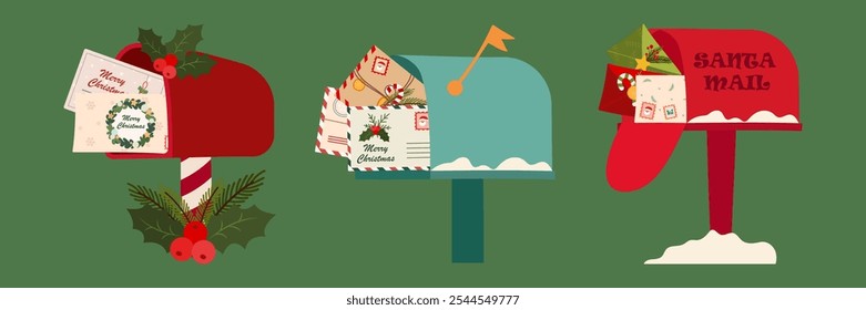 Festive Christmas Mailboxes and Letters. Santa Envelopes Illustration