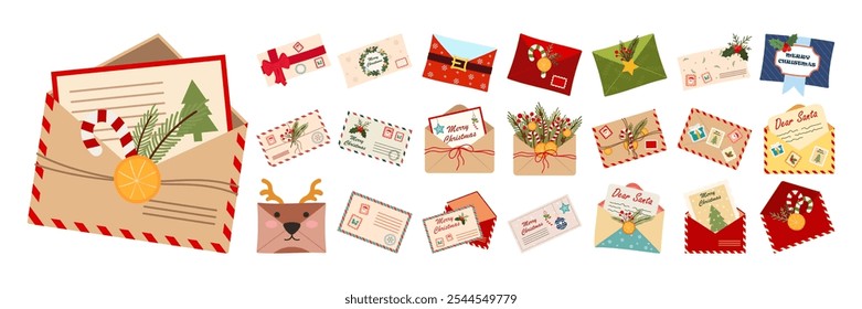 Caixas de Correio e Cartas Festivas de Natal. Ilustração de envelopes Santa