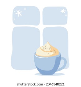 Festive Christmas mood. Cup with creamy hot drink on window. Cappuccino or hot chocolate at frosty window. Congratulatory New Year and Christmas card, congratulations, invitations, monogram. Flat.
