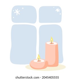 Festive Christmas mood. Two burning candles at window. Congratulatory New Year and Christmas card, congratulations, invitations, monogram. Flat Vector illustration.