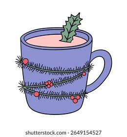 Festive Christmas Mug with Hot Beverage and Garland