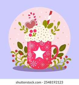 Festive Christmas Mug with Whipped Cream and Candy Cane. A cozy holiday vector illustration of a red mug with a star pattern, filled with whipped cream, candy cane, and a heart-shaped cookie