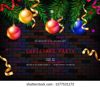 Festive Christmas and New Year 2020 party flyer or dinner invitation design with fir tree branches, gold confetti, xmas ornaments, glowing stars and light garlands. Against a brick wall. Raster copy