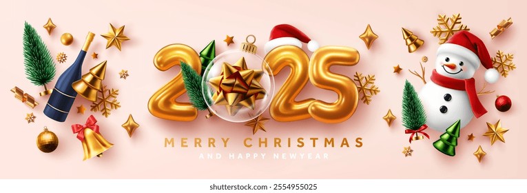 Festive Christmas and New Year 2025 Banner Featuring Golden 2025 Numbers,Transparent Christmas Ball with a Golden Bow and Cheerful Christmas Snowman for Holiday Celebration