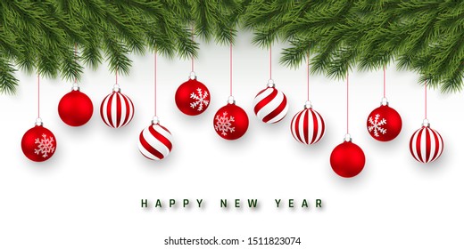 Festive Christmas or New Year Background. Christmas Tree Branches and xmas red ball. Vector illustration.