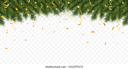 Festive Christmas or New Year Background. Christmas fir-tree branches with confetti. Holiday's Background. Vector illustration.