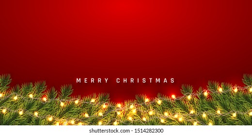 Festive Christmas or New Year Background. Christmas fir-tree branches with light garland. Holiday's Background. Vector illustration.