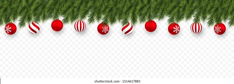 Festive Christmas or New Year Background. Christmas fir-tree branches with xmas red balls. Holiday's Background. Vector illustration.