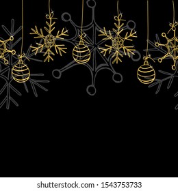 Festive Christmas or new year background. With Christmas toys of gold color on a black background The background of the holiday. Vector illustration.