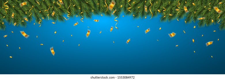 Festive Christmas or New Year Background. Christmas firtree branches with confetti. Holiday's Background. Vector illustration.