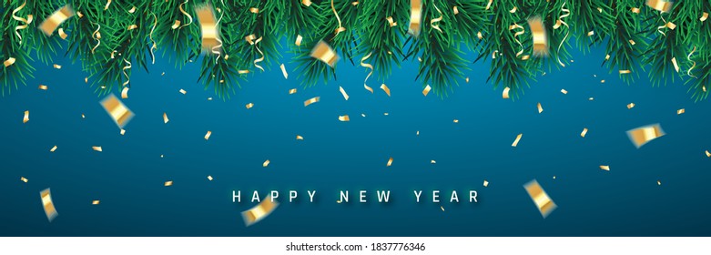 Festive Christmas or New Year Background. Christmas firtree branches with confetti. Holiday's Background. Vector illustration.