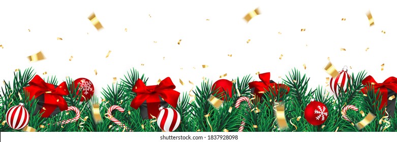 Festive Christmas or New Year Background. Christmas Tree Branches with confetti and xmas gift. Holiday Background. Vector illustration.