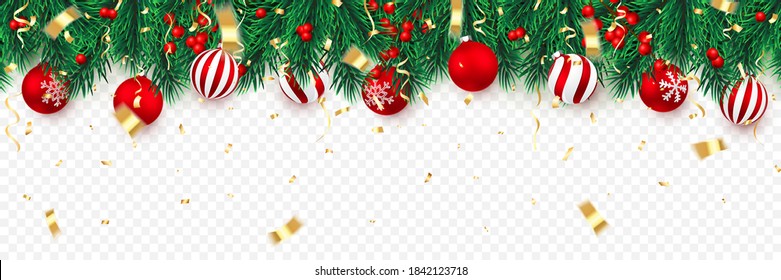 Festive Christmas or New Year Background. Christmas tree branches with holly berries, confetti and xmas balls. Holiday's Background. Vector illustration.