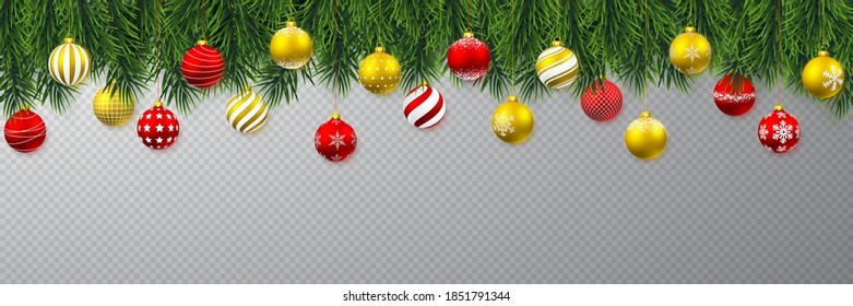 Festive Christmas or New Year Background. Christmas Tree Branches and xmas golden ball. Vector illustration.