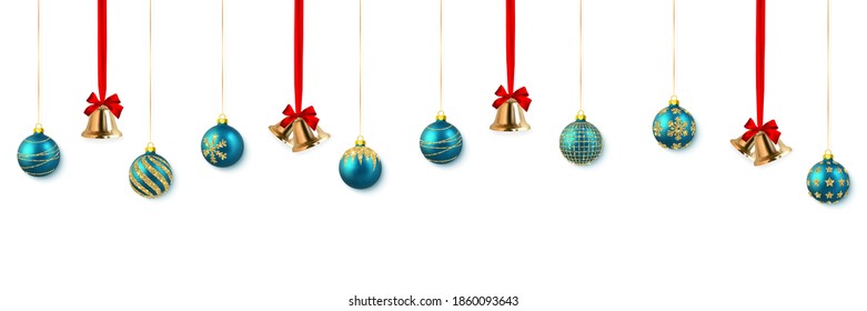 Navidad festiva o antecedentes de Año Nuevo. Campana de oro de Navidad con arco rojo y bola azul de Navidad. Ilustración vectorial.