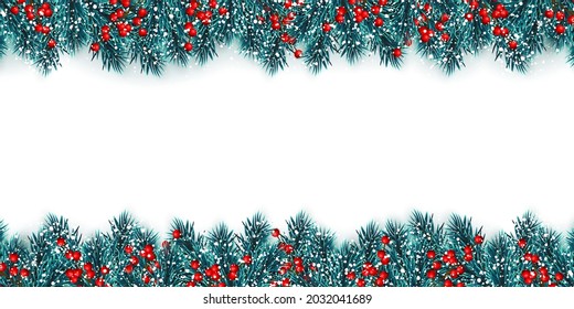 Festive Christmas or New Year Background. Christmas tree branches with holly berries and xmas snow. Holiday's Background. Vector illustration.