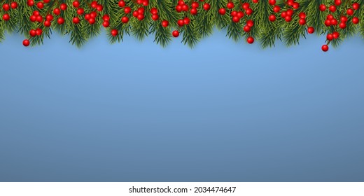 Festive Christmas or New Year Background. Christmas tree branches with holly berries. Holiday's Background. Vector illustration.